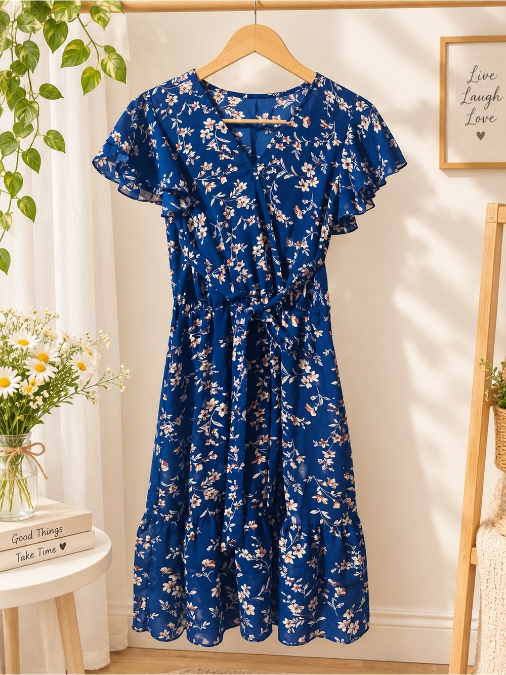 SHEIN Navy Blue Floral Wrap Mini Dress with Ruffle Hem